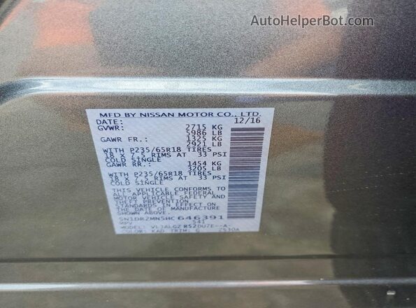 5N1DR2MN5HC646391 2017 NISSAN PATHFINDER Gray VIN კოდის სტიკერის ხედი