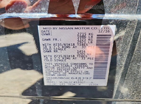 5N1DR2MN5HC648397 2017 NISSAN PATHFINDER Black Вид наклейки з VIN-кодом