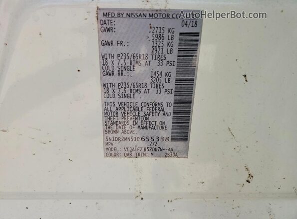 5N1DR2MN5JC655338 2018 NISSAN PATHFINDER White Widok naklejki z numerem VIN