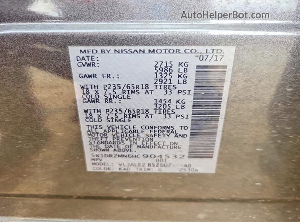 5N1DR2MN6HC904532 2017 NISSAN PATHFINDER Угольный Панорамный вид салона 360°