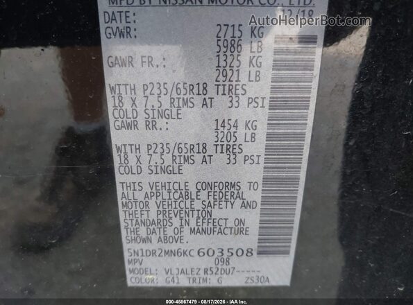 5N1DR2MN6KC603508 2019 NISSAN PATHFINDER Gray Widok komory silnika
