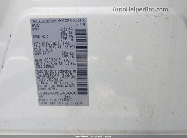 5N1DR2MN6KC645080 2019 NISSAN PATHFINDER White Engine compartment view
