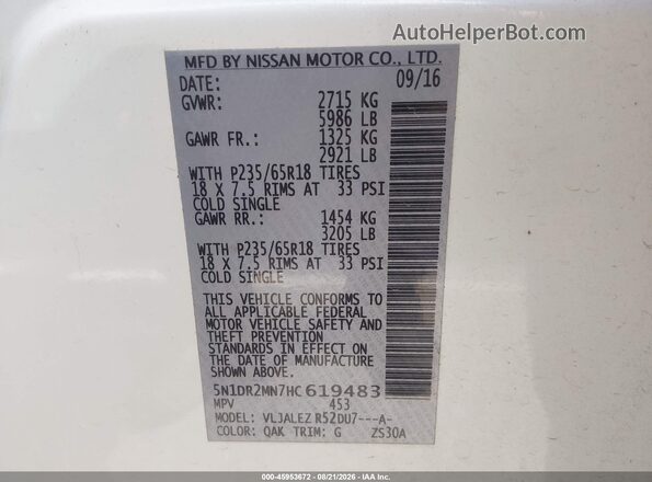 5N1DR2MN7HC619483 2017 NISSAN PATHFINDER White Вид підкапотного простору