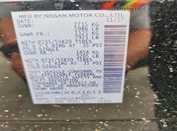 5N1DR2MN7JC621613 2018 NISSAN PATHFINDER Черный Вид наклейки с VIN-кодом