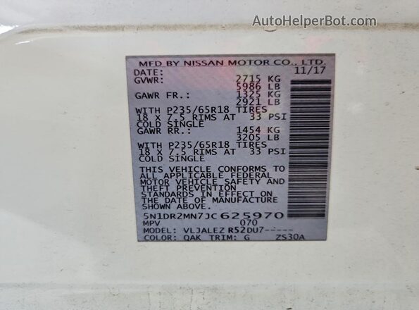 5N1DR2MN7JC625970 2018 NISSAN PATHFINDER White VIN sticker view