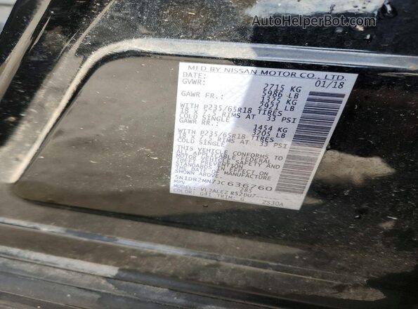 5N1DR2MN7JC636760 2018 NISSAN PATHFINDER Black Вид наклейки з VIN-кодом