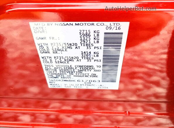 5N1DR2MN8HC617063 2017 NISSAN PATHFINDER Maroon VIN sticker view