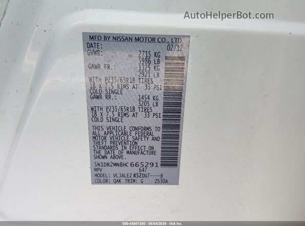 5N1DR2MN8HC665291 2017 NISSAN PATHFINDER White Widok komory silnika