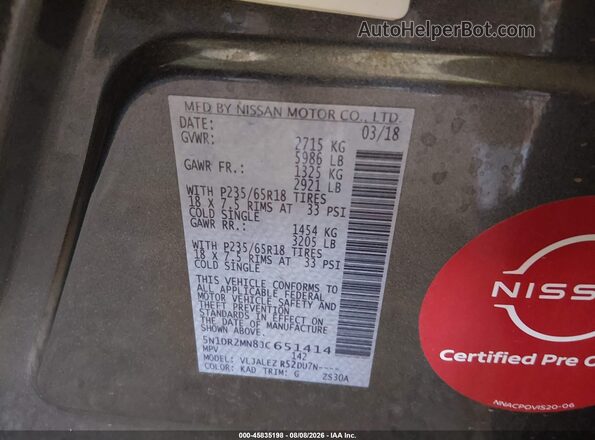 5N1DR2MN8JC651414 2018 NISSAN PATHFINDER Gray Vista del compartimento del motor
