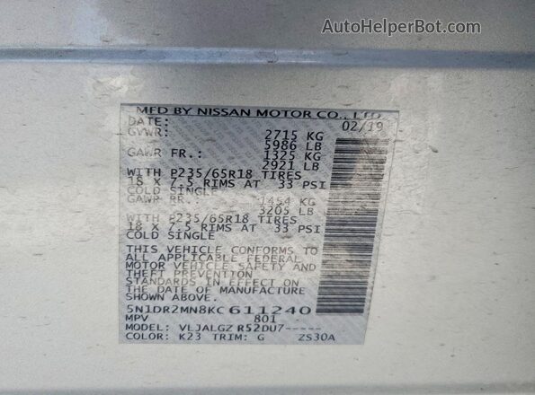 5N1DR2MN8KC611240 2019 NISSAN PATHFINDER Silver Вид наклейки з VIN-кодом