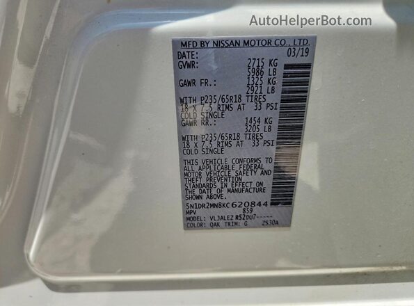 5N1DR2MN8KC620844 2019 NISSAN PATHFINDER Белый Вид наклейки с VIN-кодом
