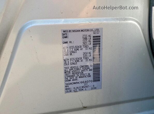 5N1DR2MN9HC664070 2017 NISSAN PATHFINDER Silver VIN կոդի պիտակի տեսք