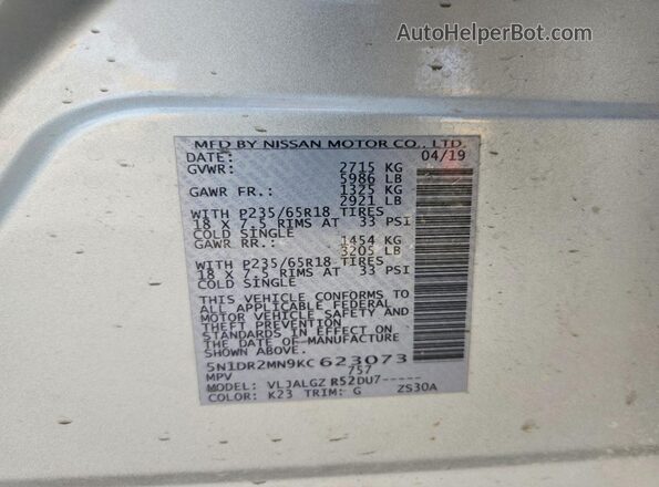 5N1DR2MN9KC623073 2019 NISSAN PATHFINDER Silver ძრავის განყოფილების ხედი