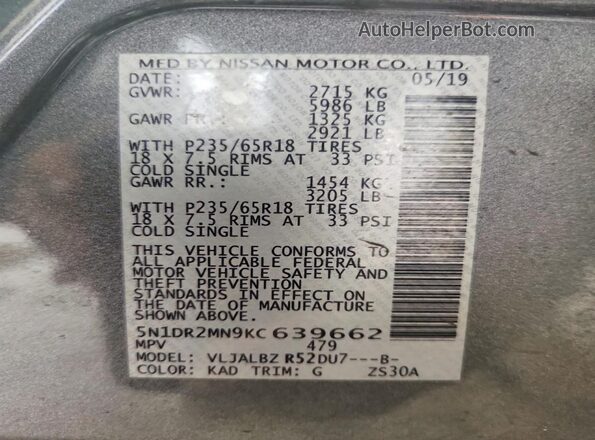 5N1DR2MN9KC639662 2019 NISSAN PATHFINDER Gray Vista de la etiqueta del VIN