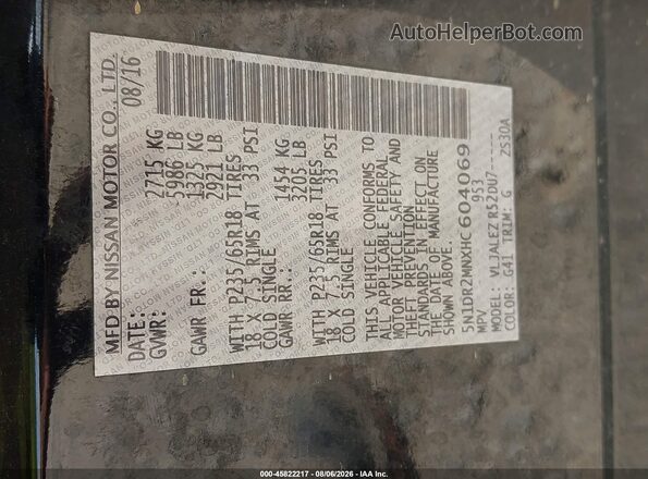 5N1DR2MNXHC604069 2017 NISSAN PATHFINDER Black Widok komory silnika