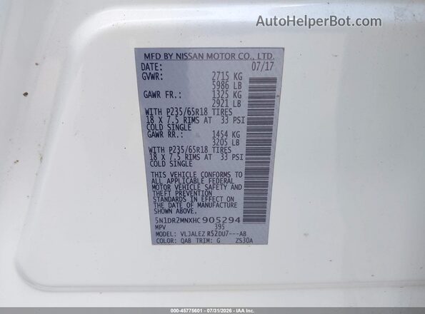 5N1DR2MNXHC905294 2017 NISSAN PATHFINDER White Widok komory silnika
