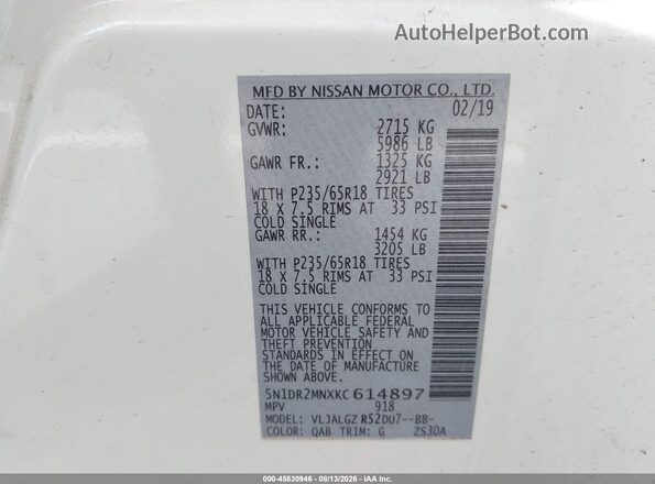 5N1DR2MNXKC614897 2019 NISSAN PATHFINDER White Շարժիչի բաժամունքի տեսք