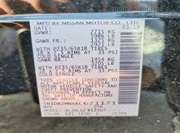 5N1DR2MNXKC621171 2019 NISSAN PATHFINDER Black VIN sticker view