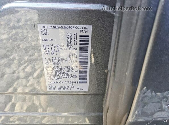 5N1DR3AA3RC276888 2024 NISSAN PATHFINDER Gray Vista de la etiqueta del VIN