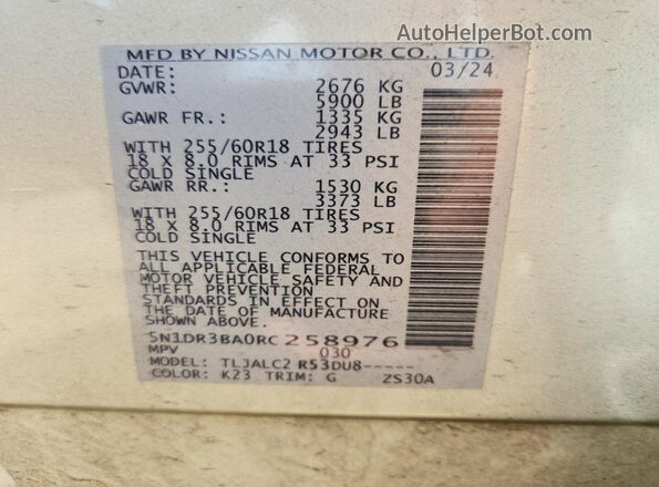 5N1DR3BA0RC258976 2024 NISSAN PATHFINDER Silver Vista de la etiqueta del VIN