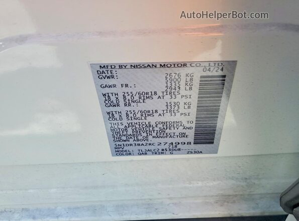 5N1DR3BA2RC274998 2024 NISSAN PATHFINDER White Вид підкапотного простору