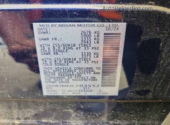 5N1DR3BA6SC203552 2025 NISSAN PATHFINDER Blue VIN კოდის სტიკერის ხედი