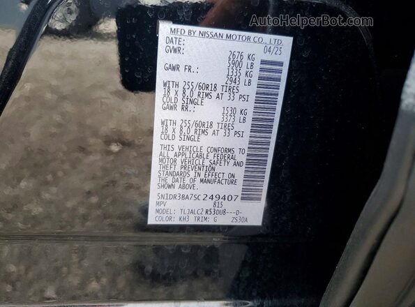5N1DR3BA7SC249407 2025 NISSAN PATHFINDER Black VIN կոդի պիտակի տեսք