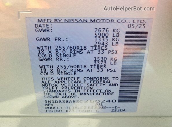 5N1DR3BA8SC260240 2025 NISSAN PATHFINDER Серебряный Вид наклейки с VIN-кодом