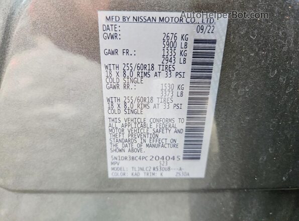 5N1DR3BC4PC204045 2023 NISSAN PATHFINDER Gray Widok naklejki z numerem VIN
