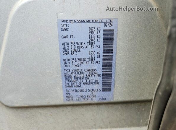 5N1DR3BC6RC250835 2024 NISSAN PATHFINDER Серебряный Вид наклейки с VIN-кодом