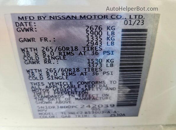 5N1DR3BD0PC242039 2023 NISSAN PATHFINDER Белый Панорамный вид салона 360°