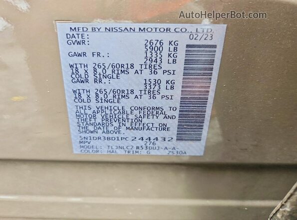 5N1DR3BD1PC244432 2023 NISSAN PATHFINDER Tan Вид наклейки з VIN-кодом