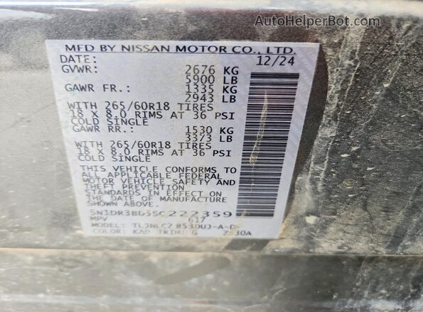 5N1DR3BD5SC222359 2025 NISSAN PATHFINDER Gray Панорамний вид салону 360°