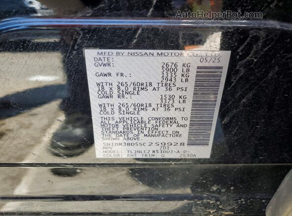 5N1DR3BD5SC259928 2025 NISSAN PATHFINDER Black Vista de la etiqueta del VIN