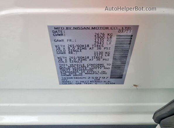 5N1DR3BD6PC259797 2023 NISSAN PATHFINDER White VIN sticker view