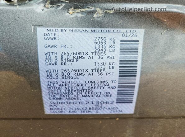 5N1DR3BT2TC213062 2026 NISSAN PATHFINDER Gray VIN კოდის სტიკერის ხედი