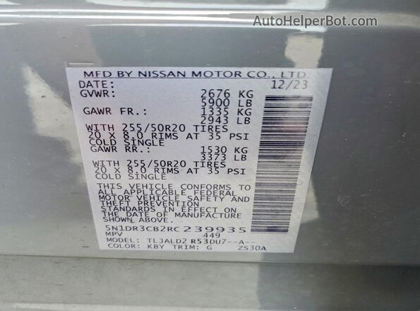 5N1DR3CB2RC239935 2024 NISSAN PATHFINDER Gray Widok naklejki z numerem VIN