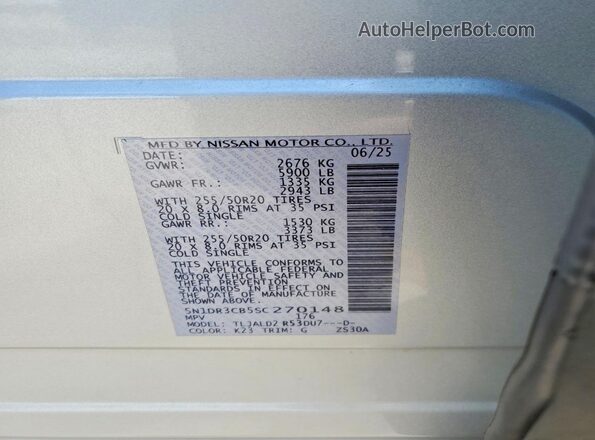 5N1DR3CB5SC270148 2025 NISSAN PATHFINDER Silver Widok naklejki z numerem VIN