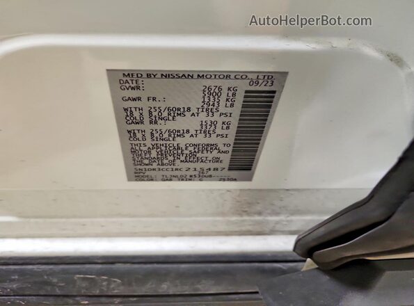 5N1DR3CC1RC215487 2024 NISSAN PATHFINDER White Widok naklejki z numerem VIN