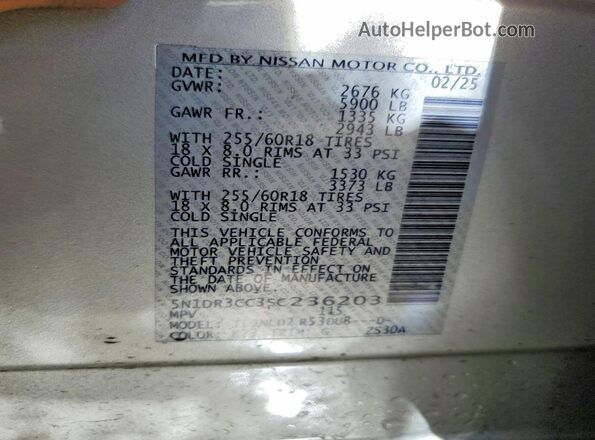 5N1DR3CC3SC236203 2025 NISSAN PATHFINDER Silver Vista interior de 360 grados