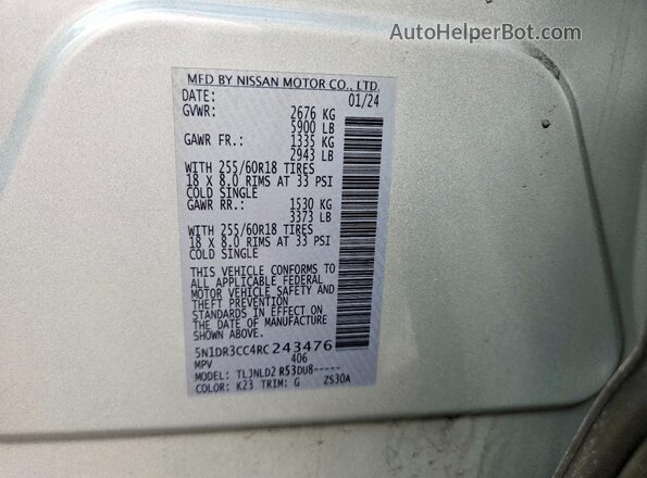 5N1DR3CC4RC243476 2024 NISSAN PATHFINDER Silver Vista de la etiqueta del VIN