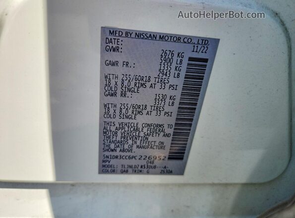 5N1DR3CC6PC226952 2023 NISSAN PATHFINDER White VIN კოდის სტიკერის ხედი