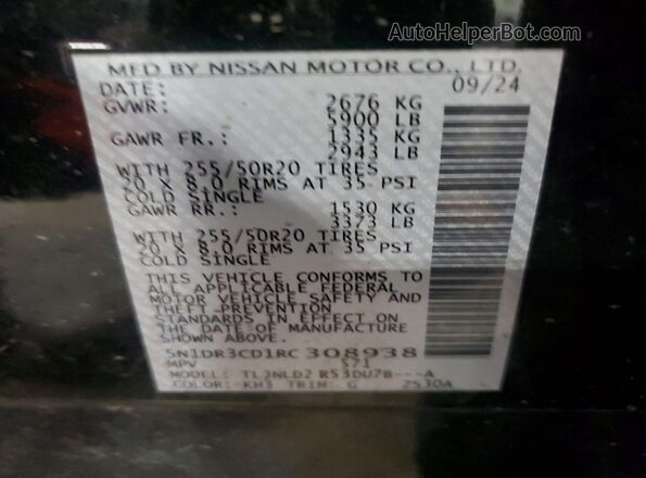5N1DR3CD1RC308938 2024 NISSAN PATHFINDER Black VIN კოდის სტიკერის ხედი