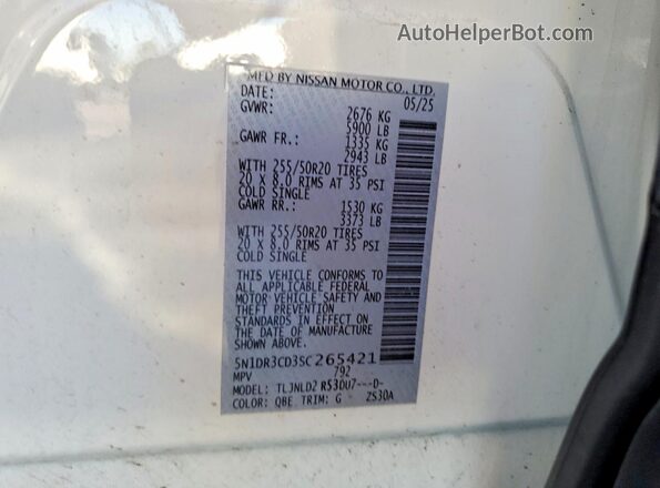 5N1DR3CD3SC265421 2025 NISSAN PATHFINDER White Vista interior de 360 grados