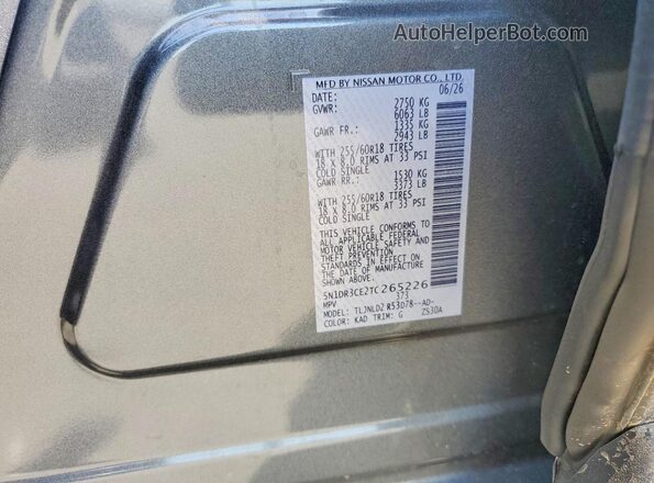 5N1DR3CE2TC265226 2026 NISSAN PATHFINDER Gray Vista de la etiqueta del VIN