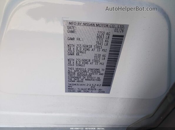 5N1DR3CS6TC215242 2026 NISSAN PATHFINDER White ძრავის განყოფილების ხედი