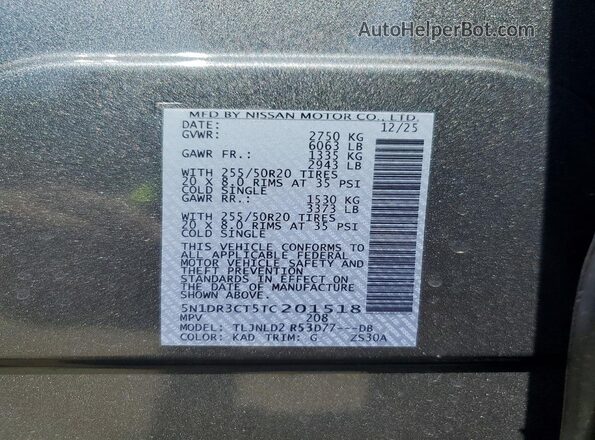 5N1DR3CT5TC201518 2026 NISSAN PATHFINDER Серый Вид наклейки с VIN-кодом