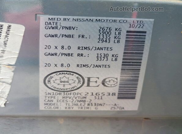 5N1DR3DF0PC216538 2023 NISSAN PATHFINDER Gray Вид наклейки з VIN-кодом