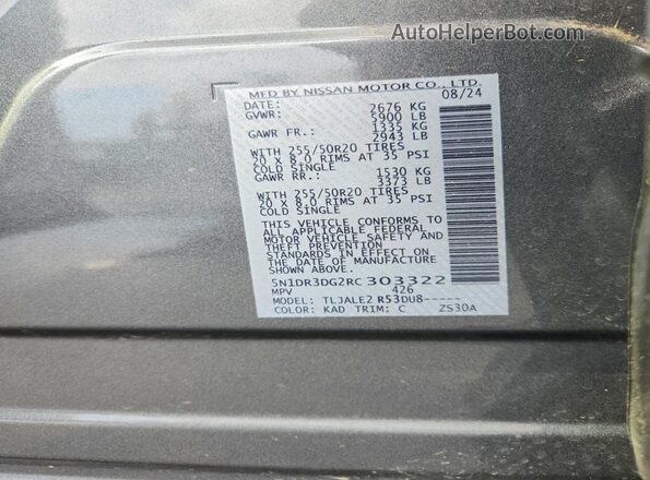 5N1DR3DG2RC303322 2024 NISSAN PATHFINDER Gray Widok naklejki z numerem VIN