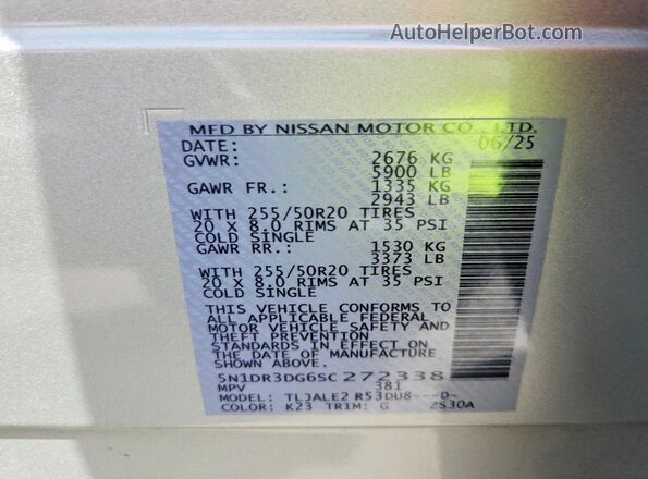 5N1DR3DG6SC272338 2025 NISSAN PATHFINDER Silver VIN კოდის სტიკერის ხედი